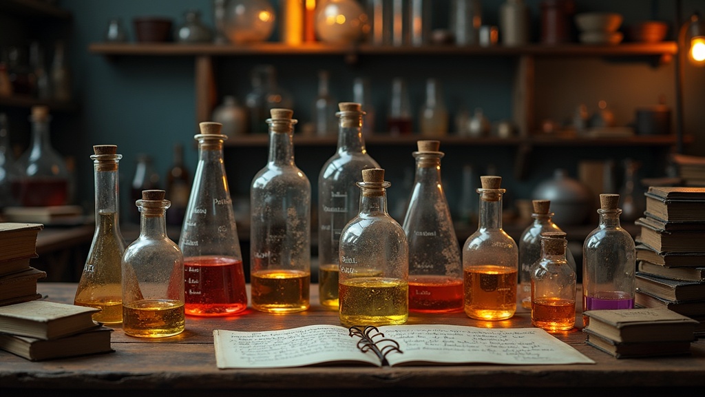 Glassware filled with brightly colored liquids in a vintage laboratory, with old chemistry books and notes scattered around.
