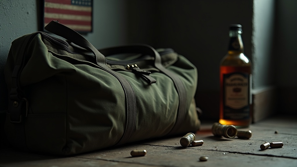 A weathered military duffel bag resting near a wall, with scattered pill bottles and an empty whiskey bottle nearby. Dim moody lighting and an American flag patch in the background.