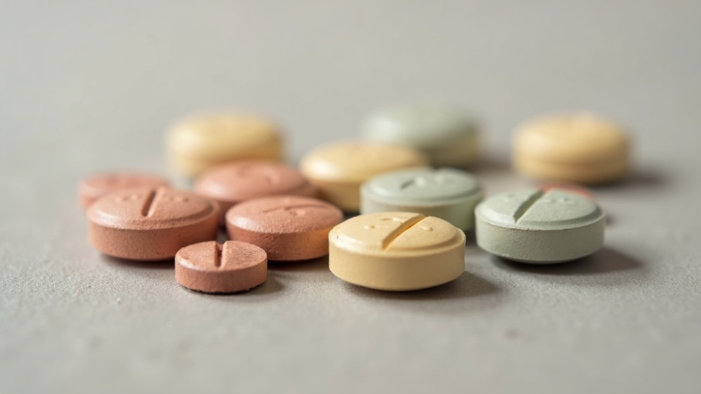 Pills scattered on a surface, some with bright colors and uneven textures, hinting at counterfeit drugs.